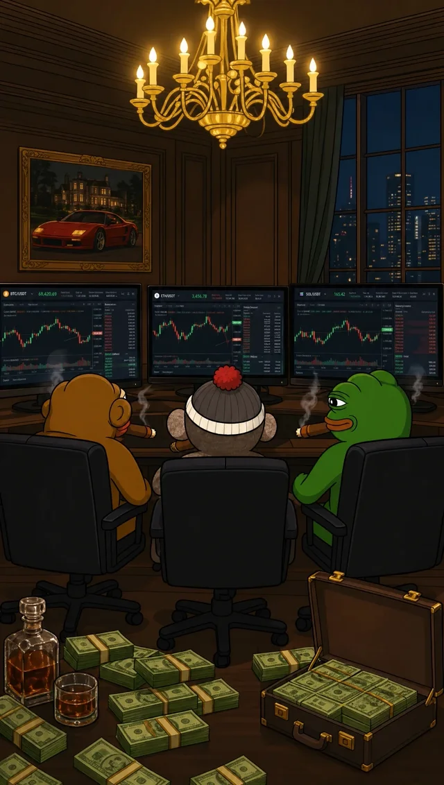 Luno and two friends watching three trading screens under a chandelier, cash on the floor