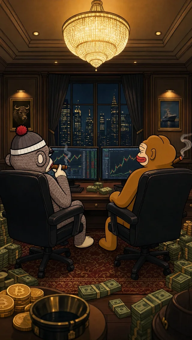 Luno and a friend at the trading desk at night, city lights through the window