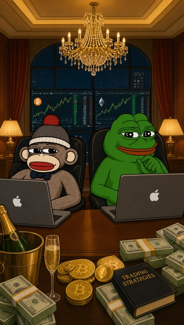 Luno and a frog friend on laptops at a desk covered in cash and coins