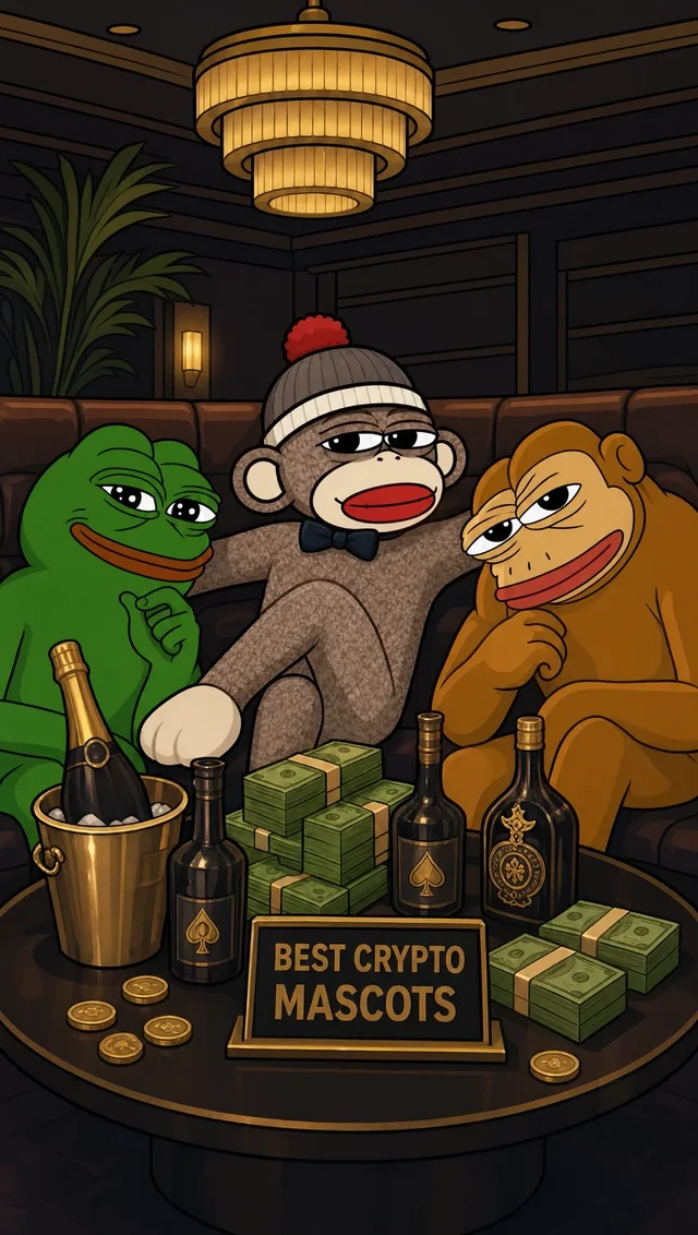 Luno with a frog and a monkey friend behind a sign reading best crypto mascots