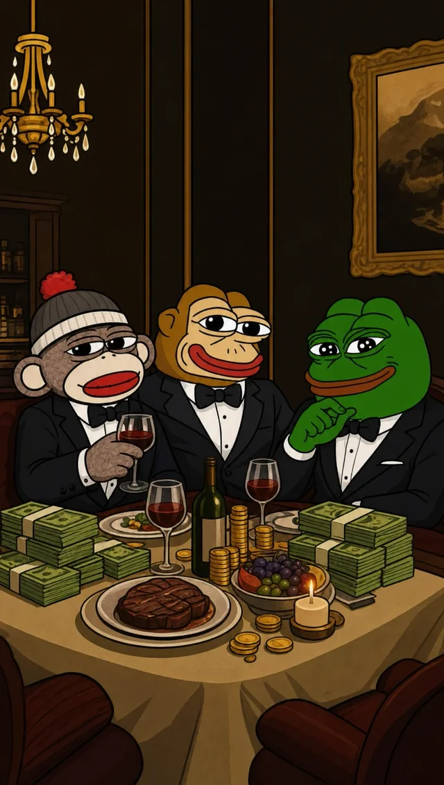 Luno and two friends in tuxedos at a steak dinner with stacks of cash