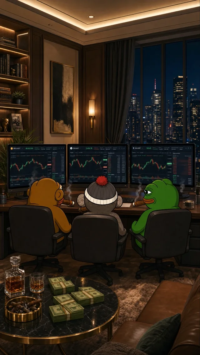 Luno and two friends at three trading screens at night, cash and whiskey on the table